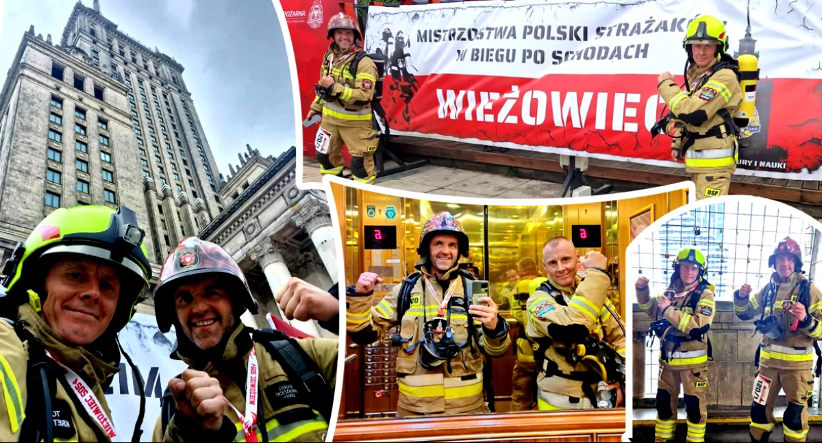 zawody strażackie, pełnym rynsztunku zdobyli Pałac Kultury Nauki strażacy wysoko mistrzostwach Polski biegu schodach - zdjęcie, fotografia